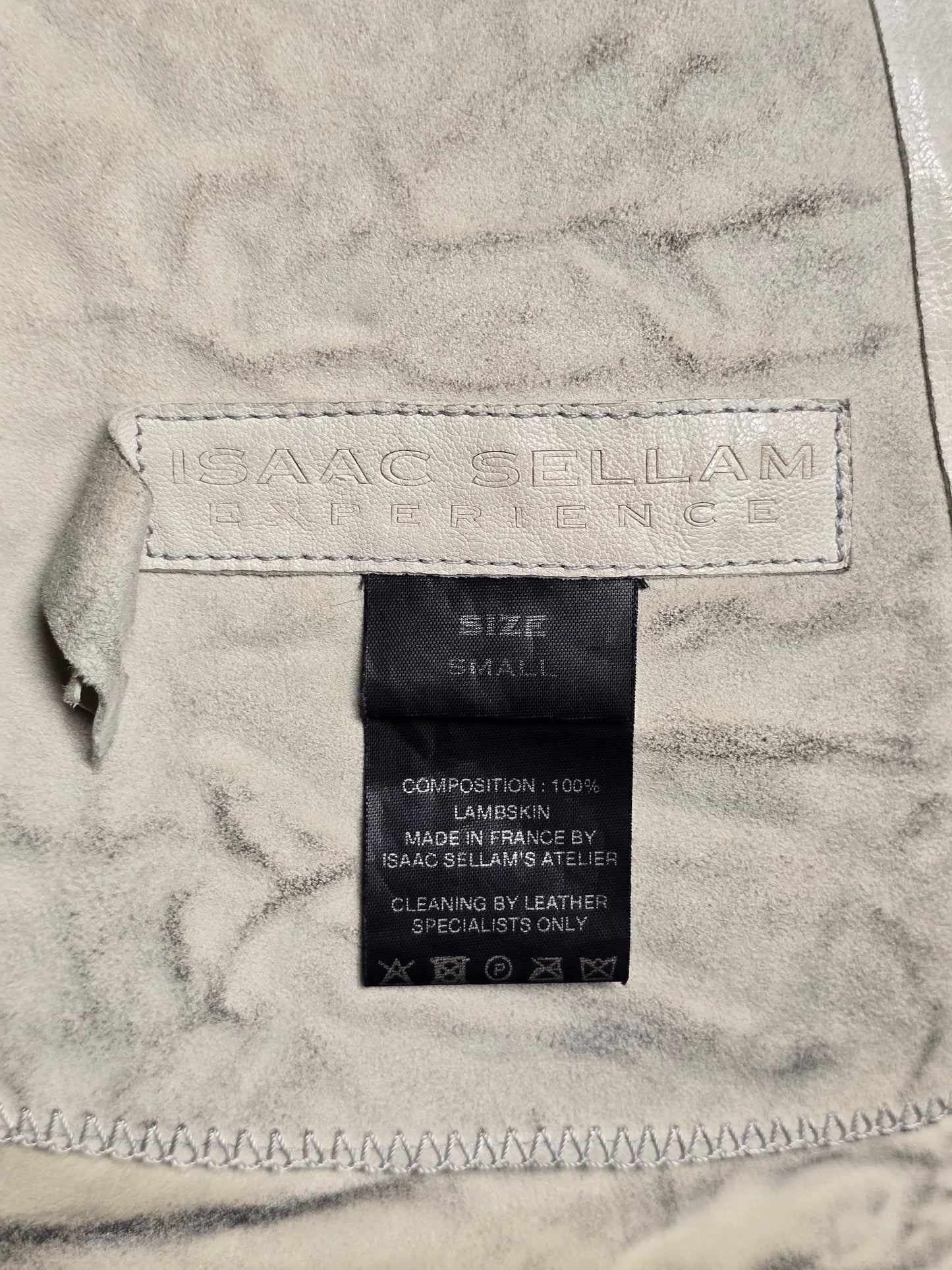 Isaac Sellam: “Experience” Pale Yellow Overlock High Neck Metal Spine Lambskin Leather Jacket