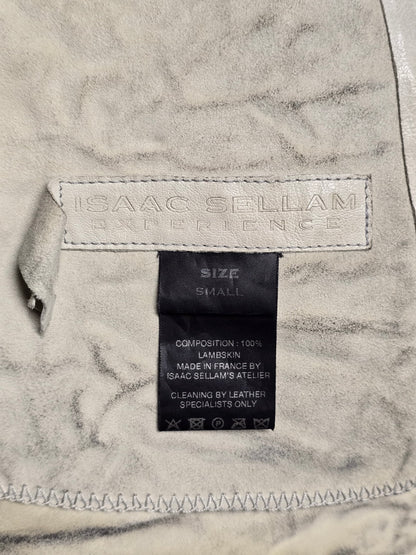 Isaac Sellam: “Experience” Pale Yellow Overlock High Neck Metal Spine Lambskin Leather Jacket