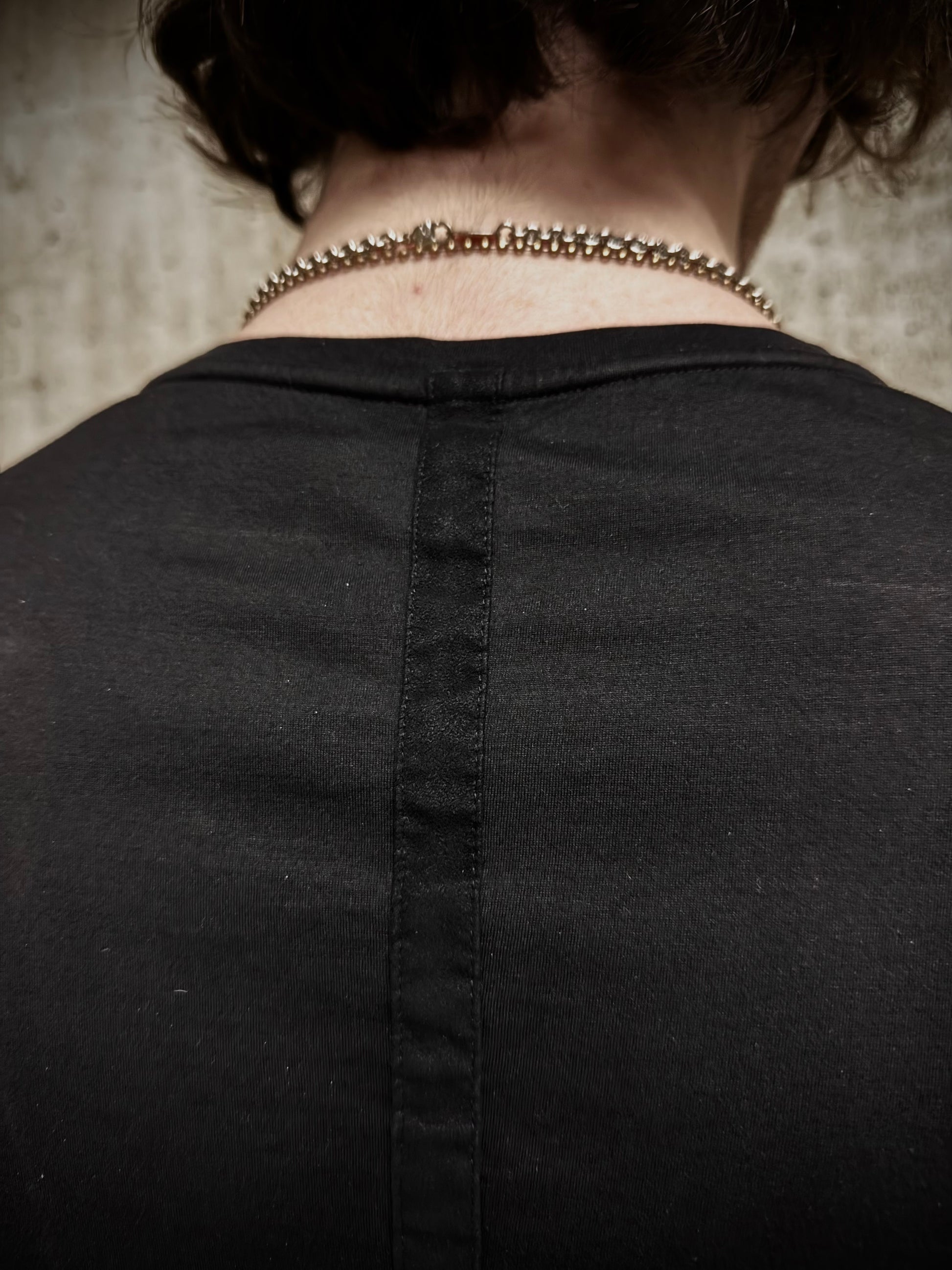 DEVOA Rolled Neck Blistered Leather Back Seam Panel T-shirt detail | DRIEW GARMENTS