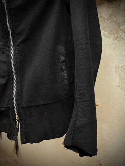 14thAddiction Mohawk Custom Distressed Sheepskin Leather Cross-zip Hoodie detail | DRIEW GARMENTS