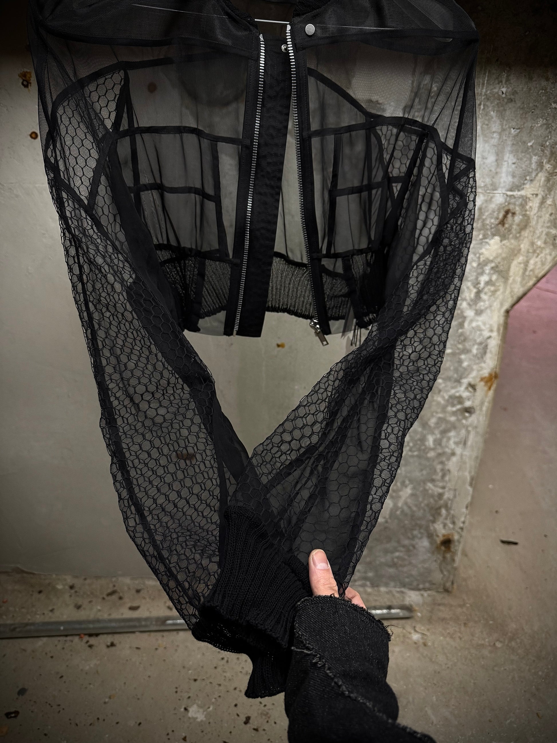 Rick Owens SS23 "EDFU" Silk-trimmed Sheer Collage Bomber Jacket detail | DRIEW GARMENTS
