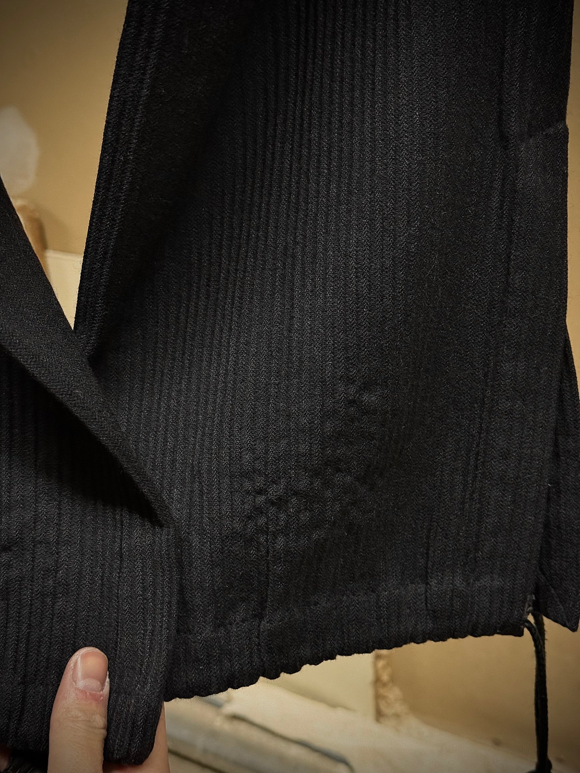 Ann Demeulemeester 90s Striped Wool Drawstring Hem Flare Pants detail | DRIEW GARMENTS