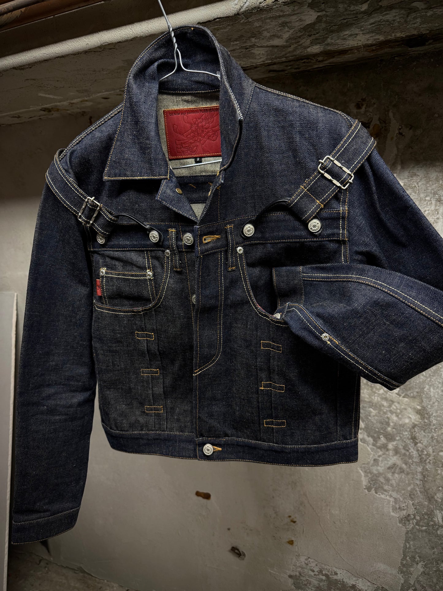 Yuji Yamada 00s 'FURNISHINGS' Removable Leather Harness Raw Denim 'Jean' Jacket detail | DRIEW GARMENTS