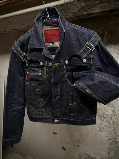 Yuji Yamada 00s 'FURNISHINGS' Removable Leather Harness Raw Denim 'Jean' Jacket detail | DRIEW GARMENTS