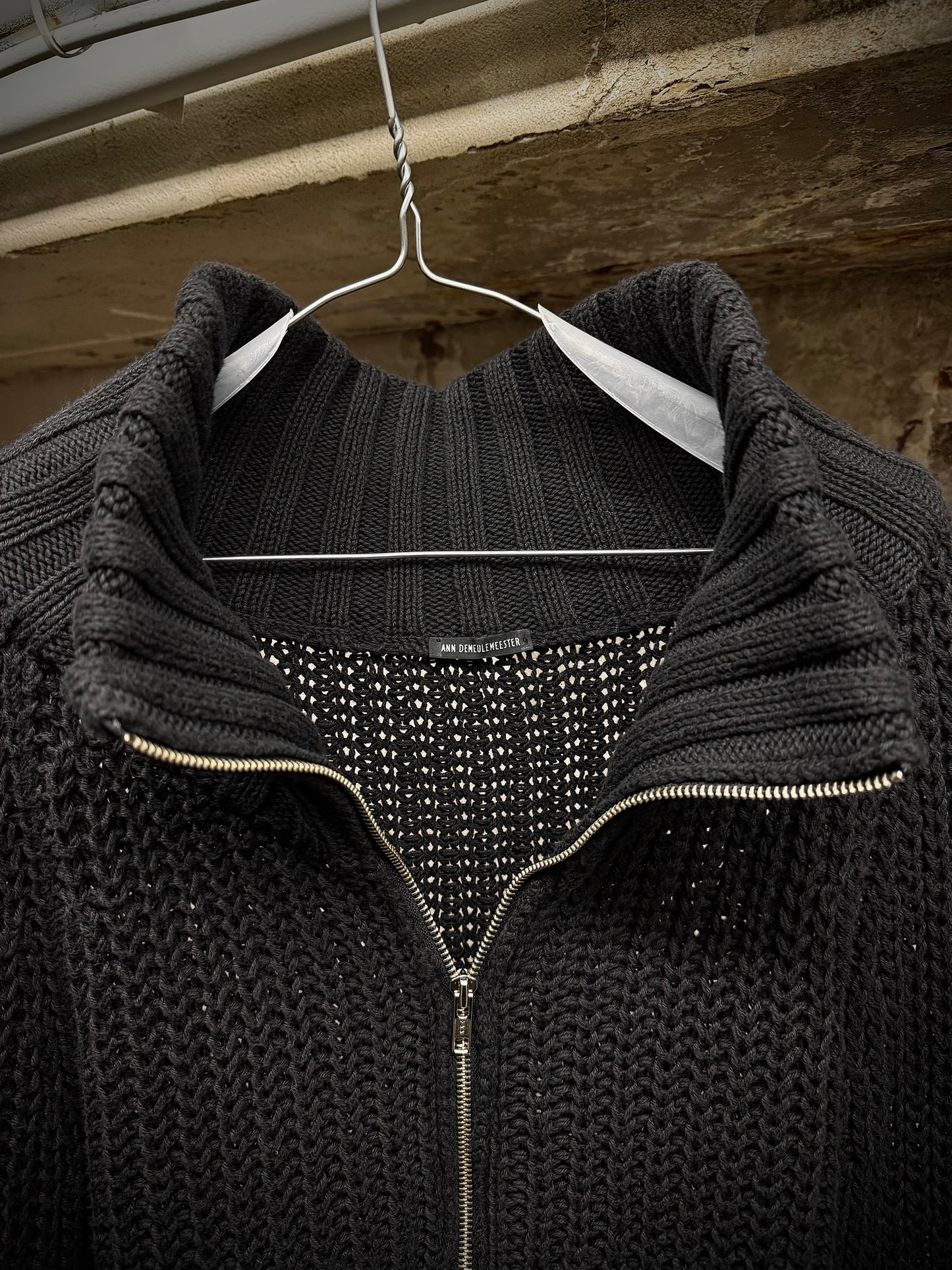 Ann Demeulemeester AW98 Cropped Cotton Knit Zip Up Mock Neck Sweater detail | DRIEW GARMENTS