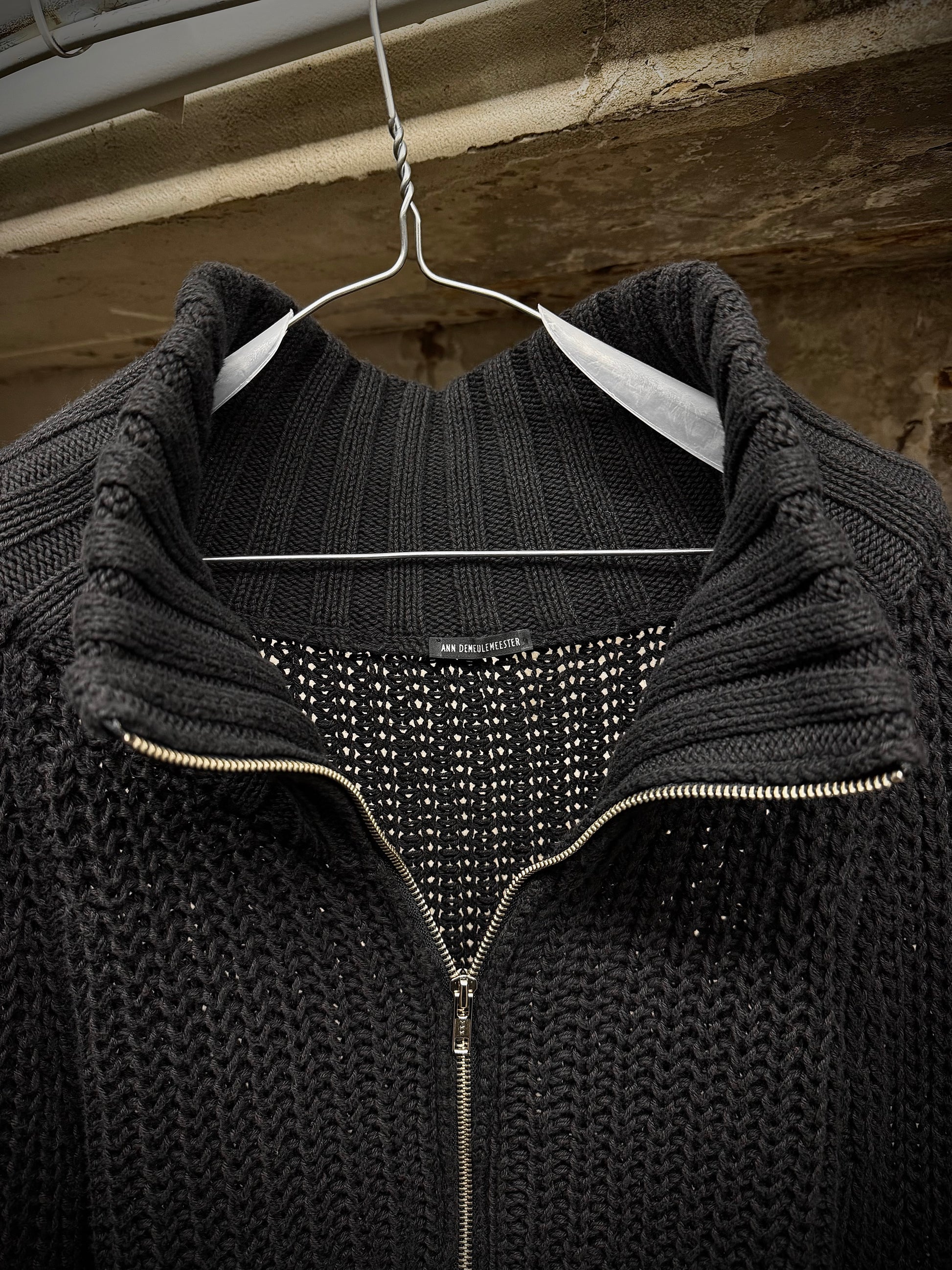 Ann Demeulemeester AW98 Cropped Cotton Knit Zip Up Mock Neck Sweater detail | DRIEW GARMENTS