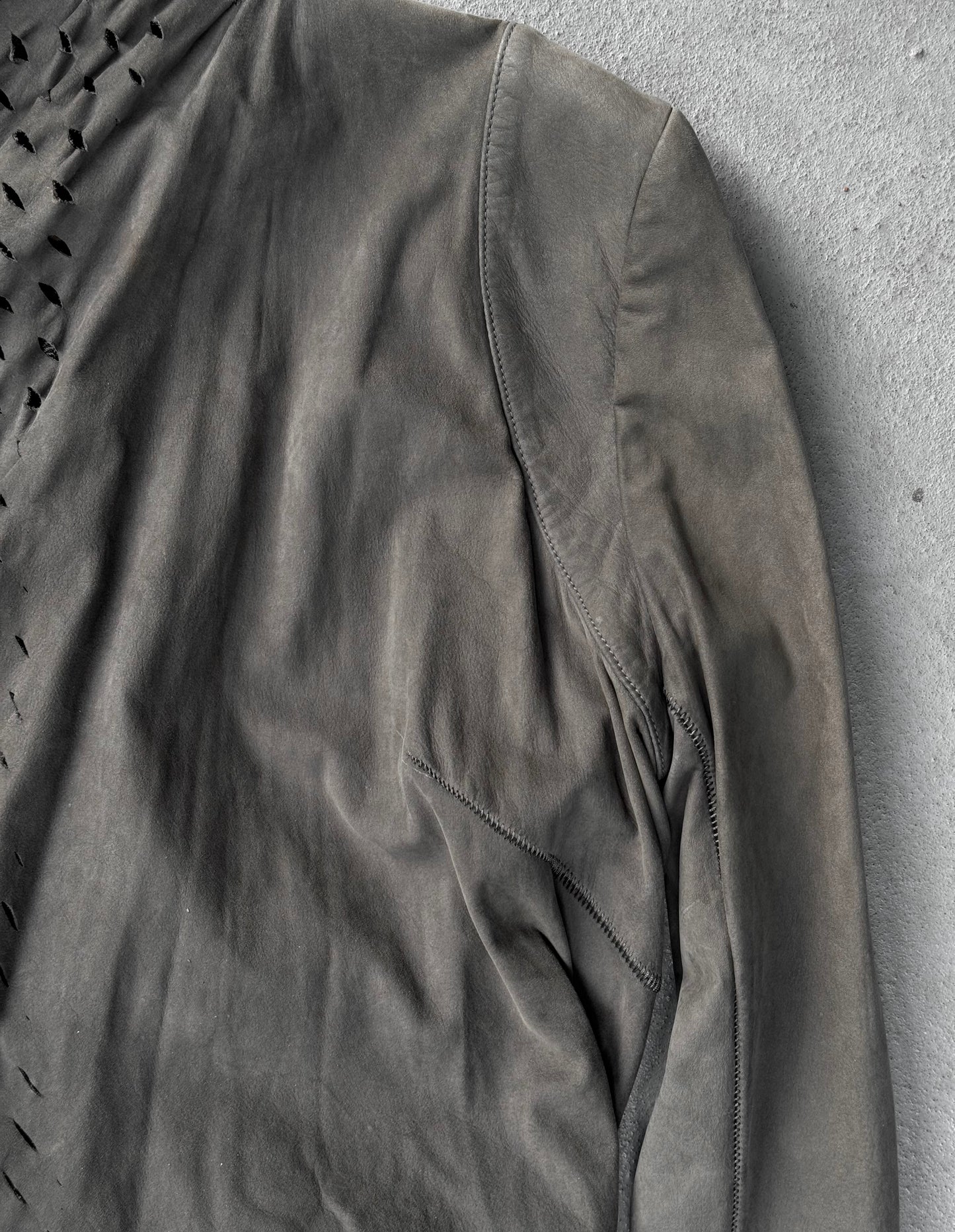 Isaac Sellam: “Experience” Open-front Laser Cut Calfskin Leather Cardigan