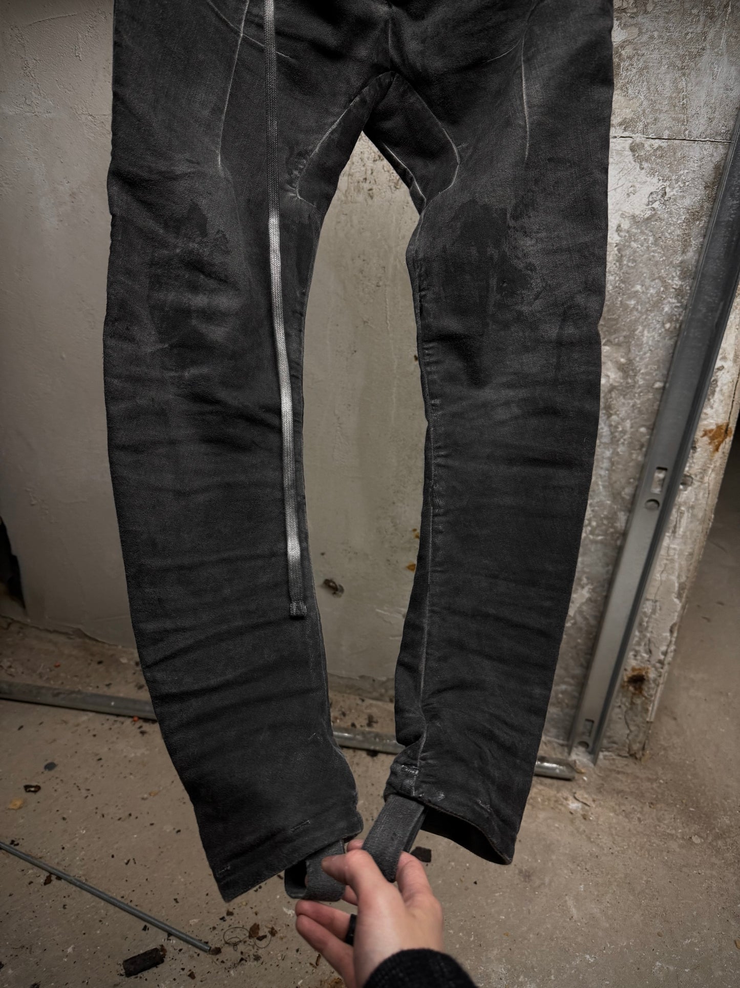 Boris Bidjan Saberi SS22 'WP13 FTS10001' Patina Grey Vinyl Processed Skinny Stretch Denim