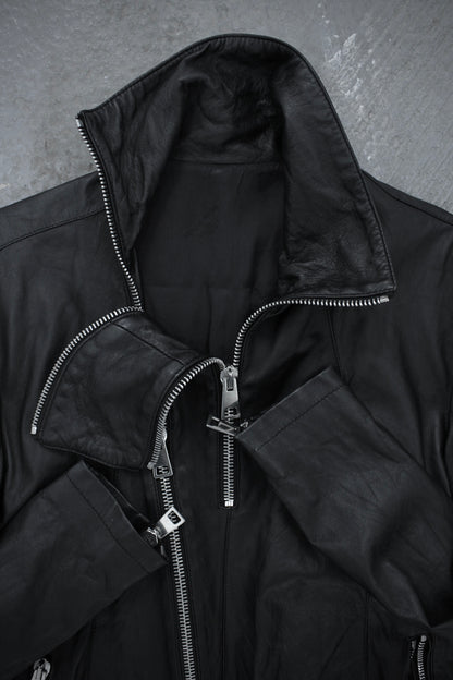 CLAUDIO IACOVELLI Asymmetrical Zip High Neck Calfskin Leather Jacket detail | DRIEW GARMENTS