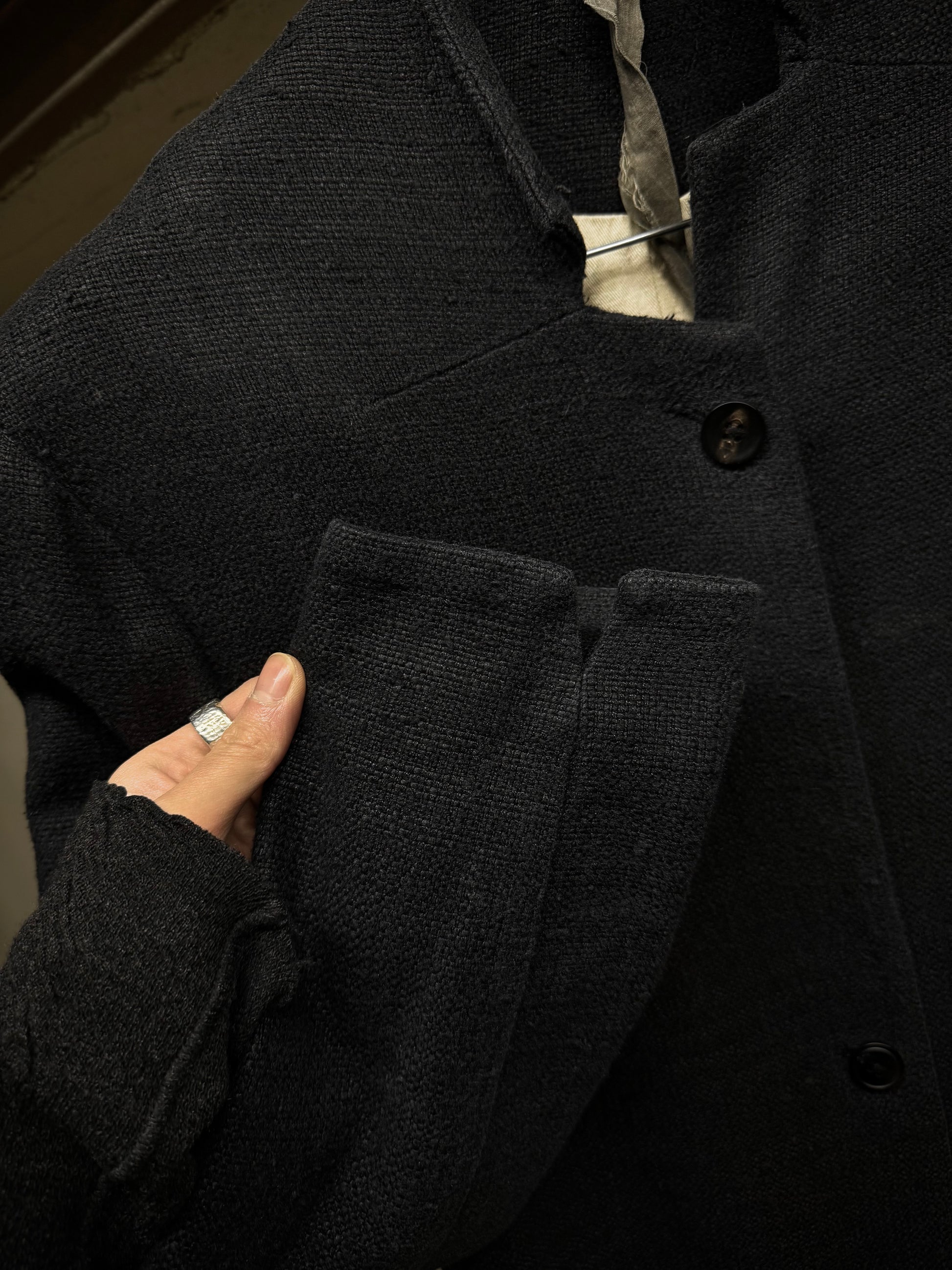 Aleksandr Manamïs Charcoal Grey Raw Silk Frayed Hem Coat detail | DRIEW GARMENTS