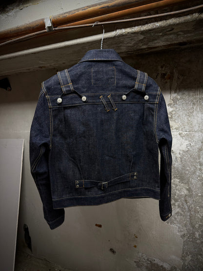 Yuji Yamada 00s 'FURNISHINGS' Removable Leather Harness Raw Denim 'Jean' Jacket detail | DRIEW GARMENTS