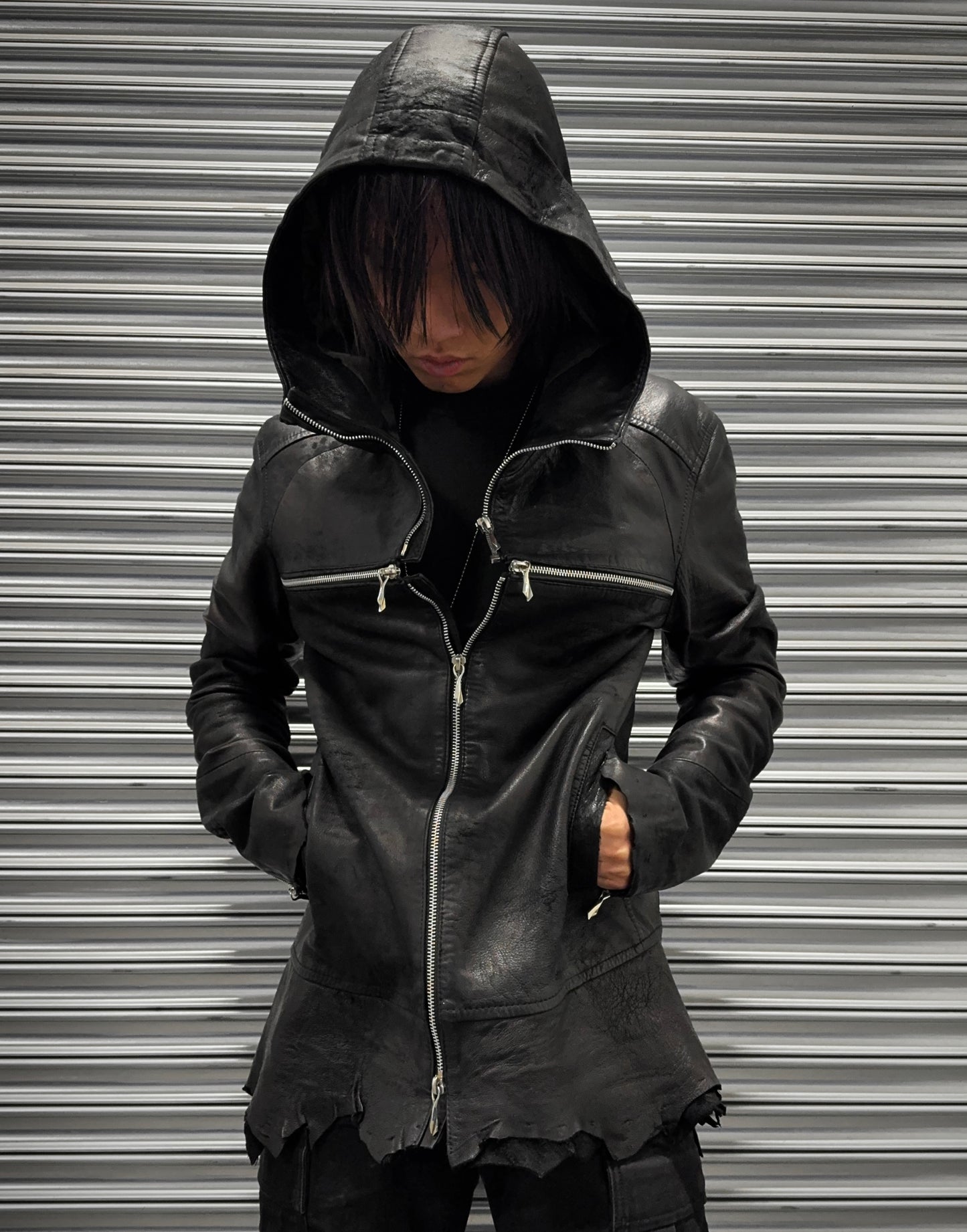 14thAddiction AW24 Distressed Sheepskin Leather Cross-zip Hooded Jacket