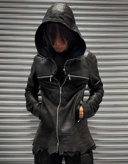 14thAddiction AW24 Distressed Sheepskin Leather Cross-zip Hooded Jacket
