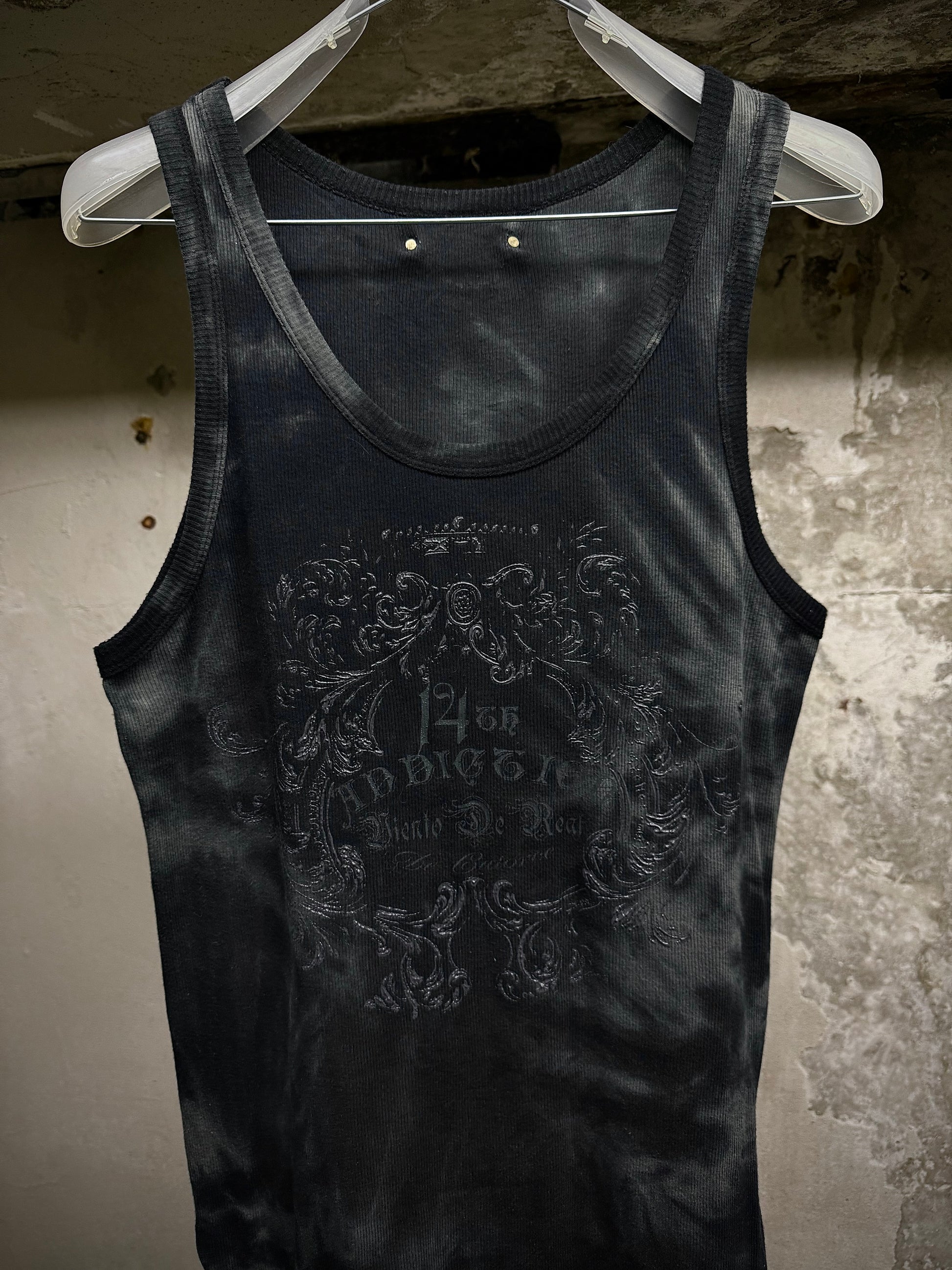 14thAddiction Early 00s Aqua Tie Dye Frayed Hem Ribbed Tank Top detail | DRIEW GARMENTS