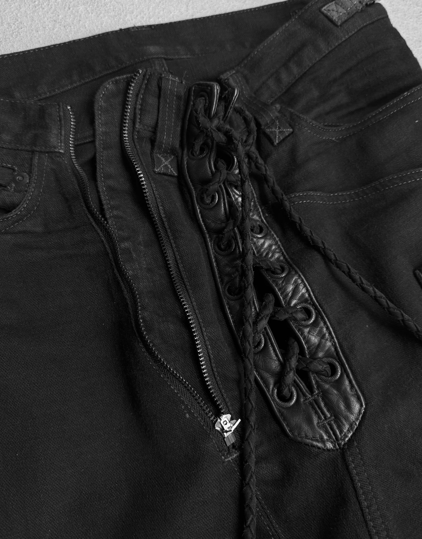 IfSixWasNine Early 00s ‘NO. LU/ SBCM’ Sarrouel Black Lace-up Skinny Zip Denim