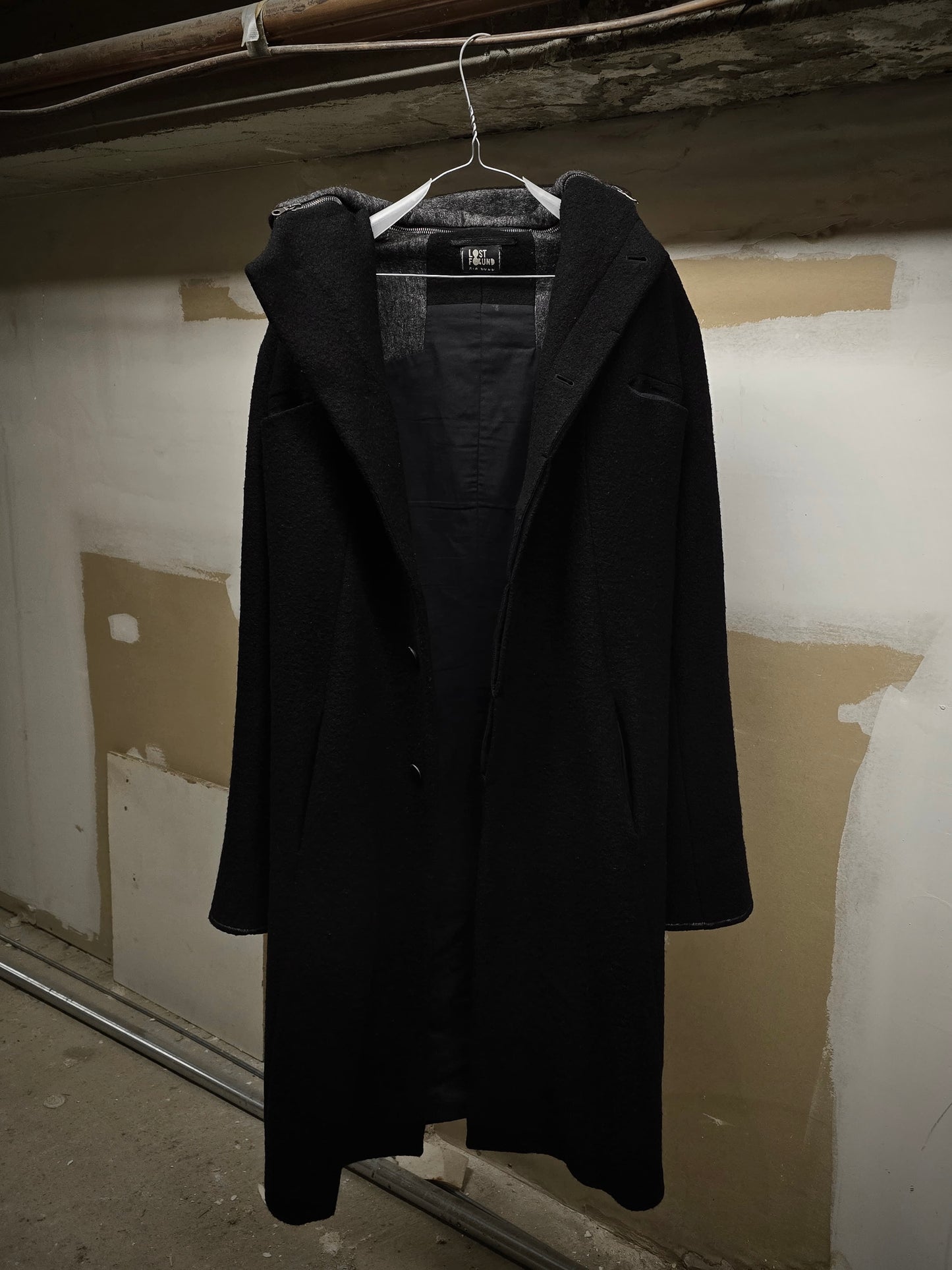 Lost and Found Ria Dunn Lost & Found by Ria Dunn 2010s Removable Hooded Boiled Wool Crepe Coat detail | DRIEW GARMENTS