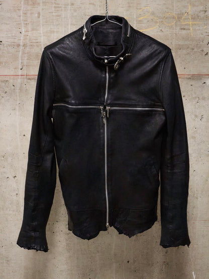 14thAddiction Distressed Sheepskin Leather Cross-Zip Jacket