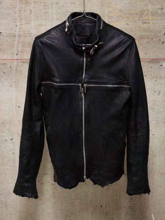 14thAddiction Distressed Sheepskin Leather Cross-Zip Jacket
