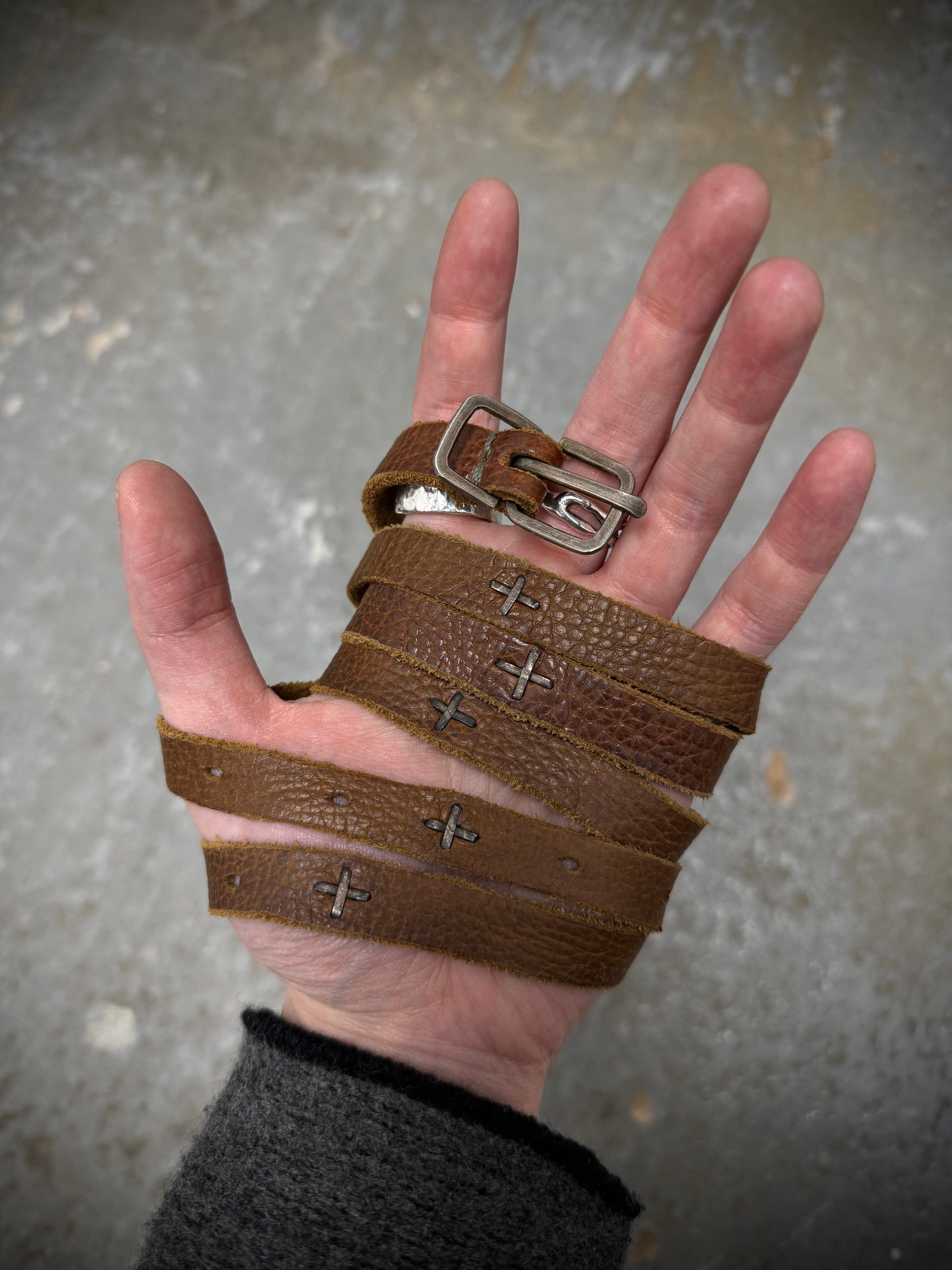 m.a+ by Maurizio Amadei 'ES21A' BI 3.0 S-Buckle Cross Studded Skinny Leather Belt detail | DRIEW GARMENTS