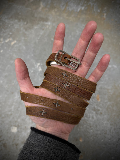 m.a+ by Maurizio Amadei 'ES21A' BI 3.0 S-Buckle Cross Studded Skinny Leather Belt detail | DRIEW GARMENTS