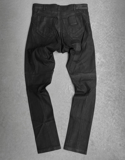 Julius_7 SS15 "prism;" Geometric Drop-crotch Wax Coated Knit Denim