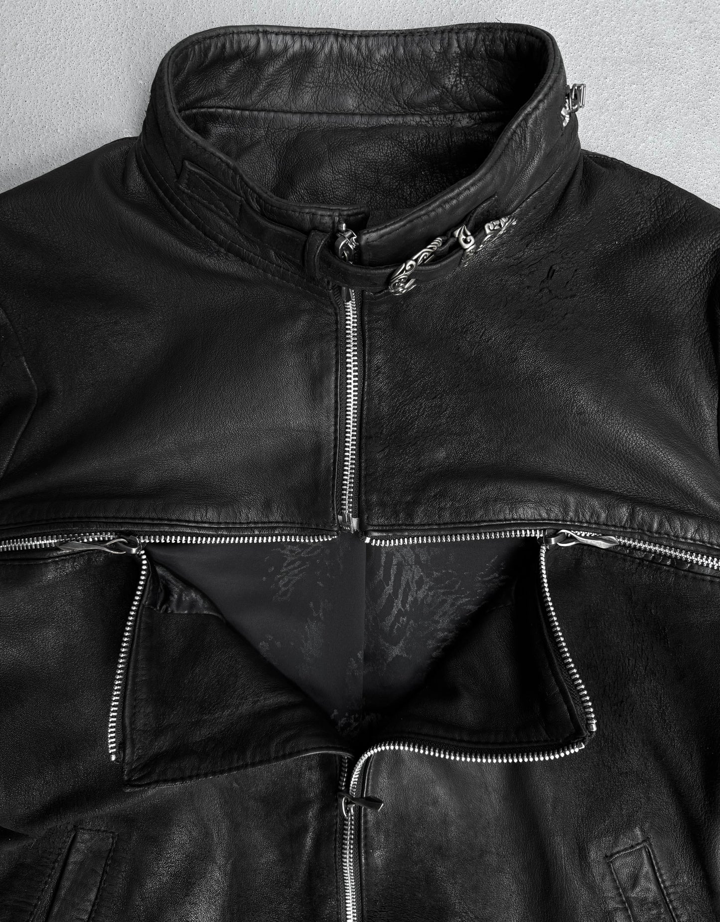 14thAddiction Distressed Sheepskin Leather Cross-zip Jacket