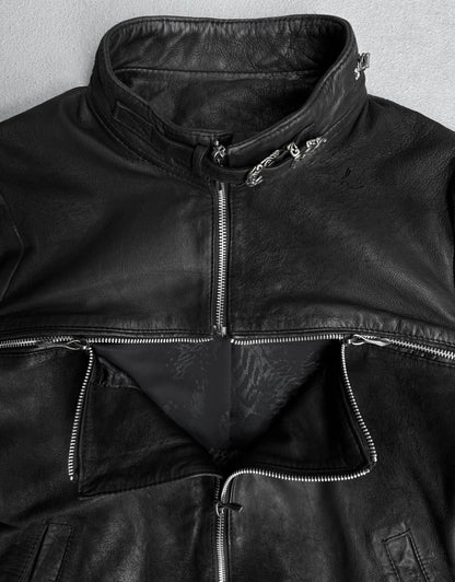 14thAddiction Distressed Sheepskin Leather Cross-zip Jacket