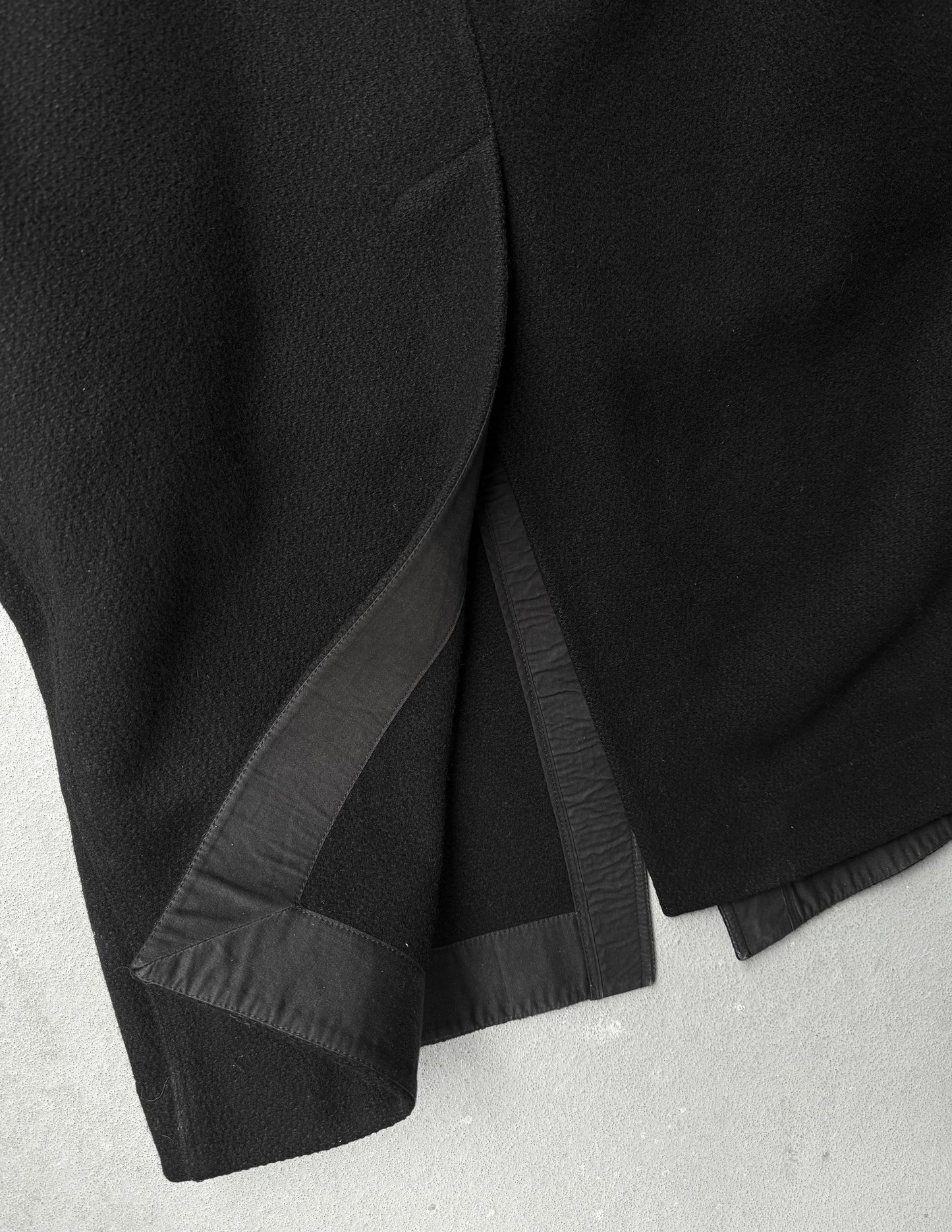 Rick Owens AW15 "SPHINX" Mollino Asymmetrical Front Zip Heavy Wool Coat detail | DRIEW GARMENTS