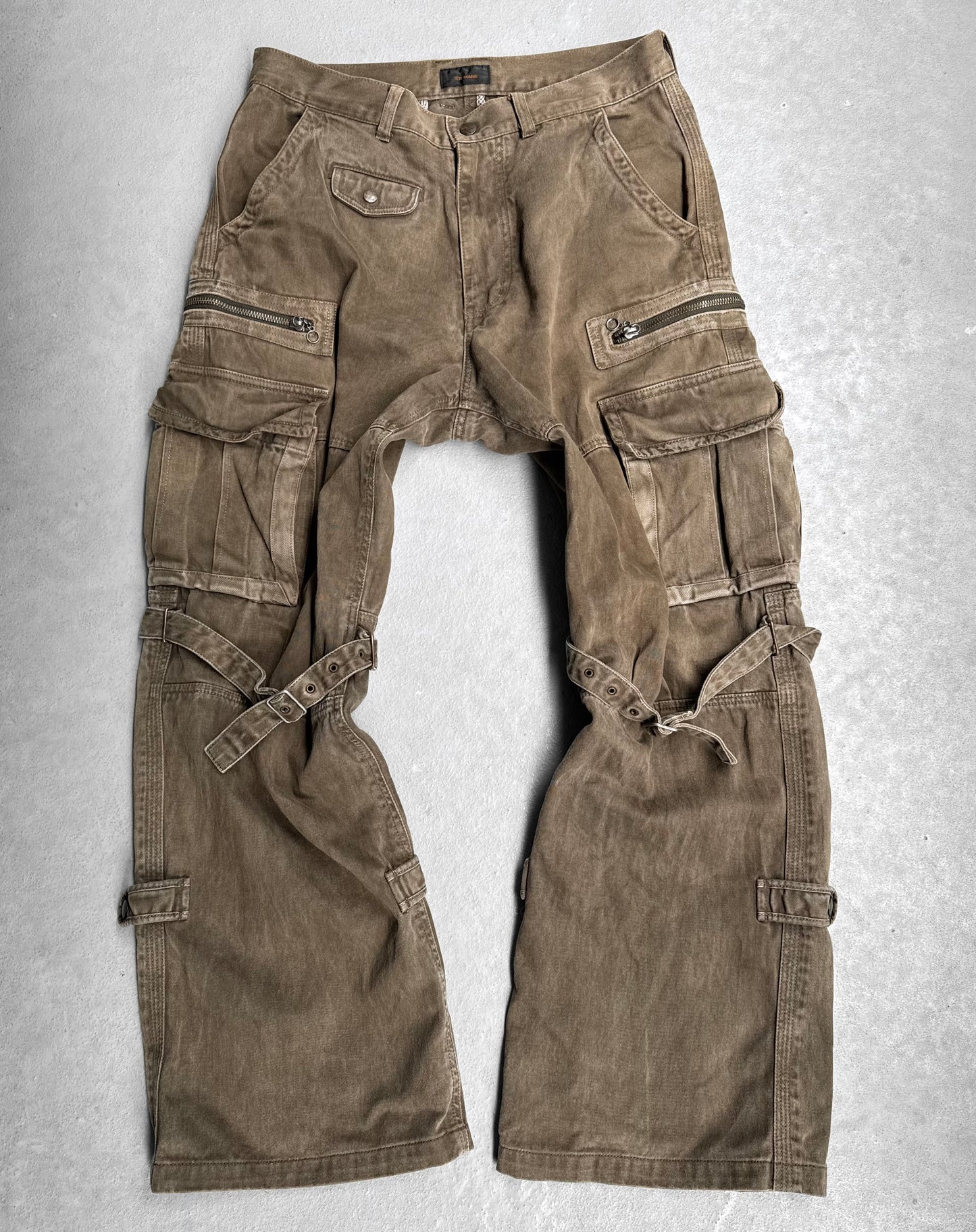 TÊTE HOMME Early 00s Khaki Heavyweight Flared Bondage Cargo Pants