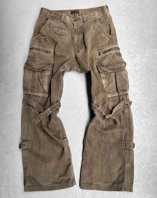TÊTE HOMME Early 00s Khaki Heavyweight Flared Bondage Cargo Pants
