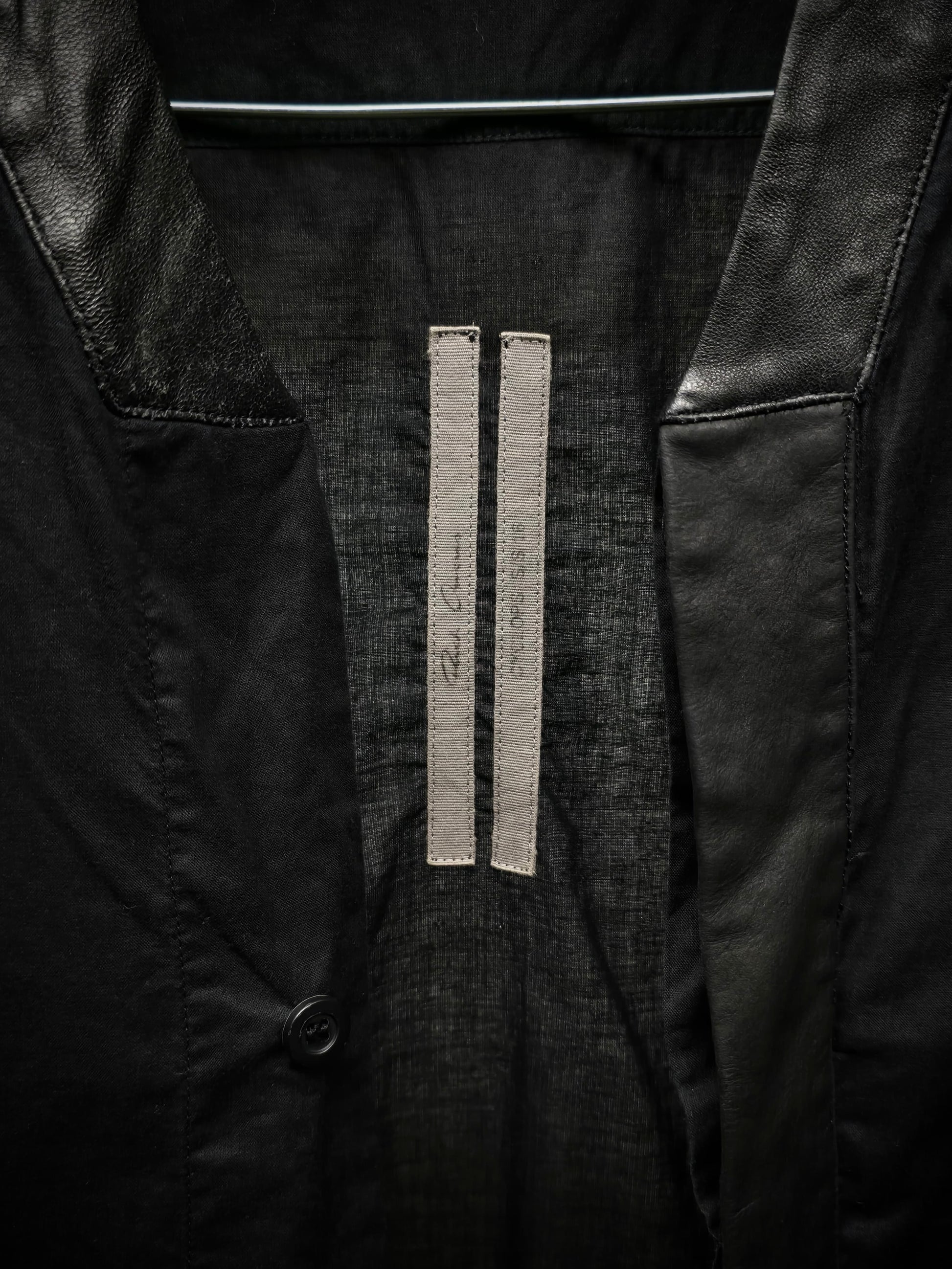 Rick Owens SS16 "CYCLOPS" Calf Leather Trim Mandarin Collar Shirt detail | DRIEW GARMENTS