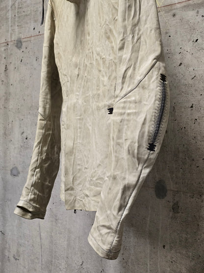 Isaac Sellam: “Experience” Pale Yellow Overlock High Neck Metal Spine Lambskin Leather Jacket