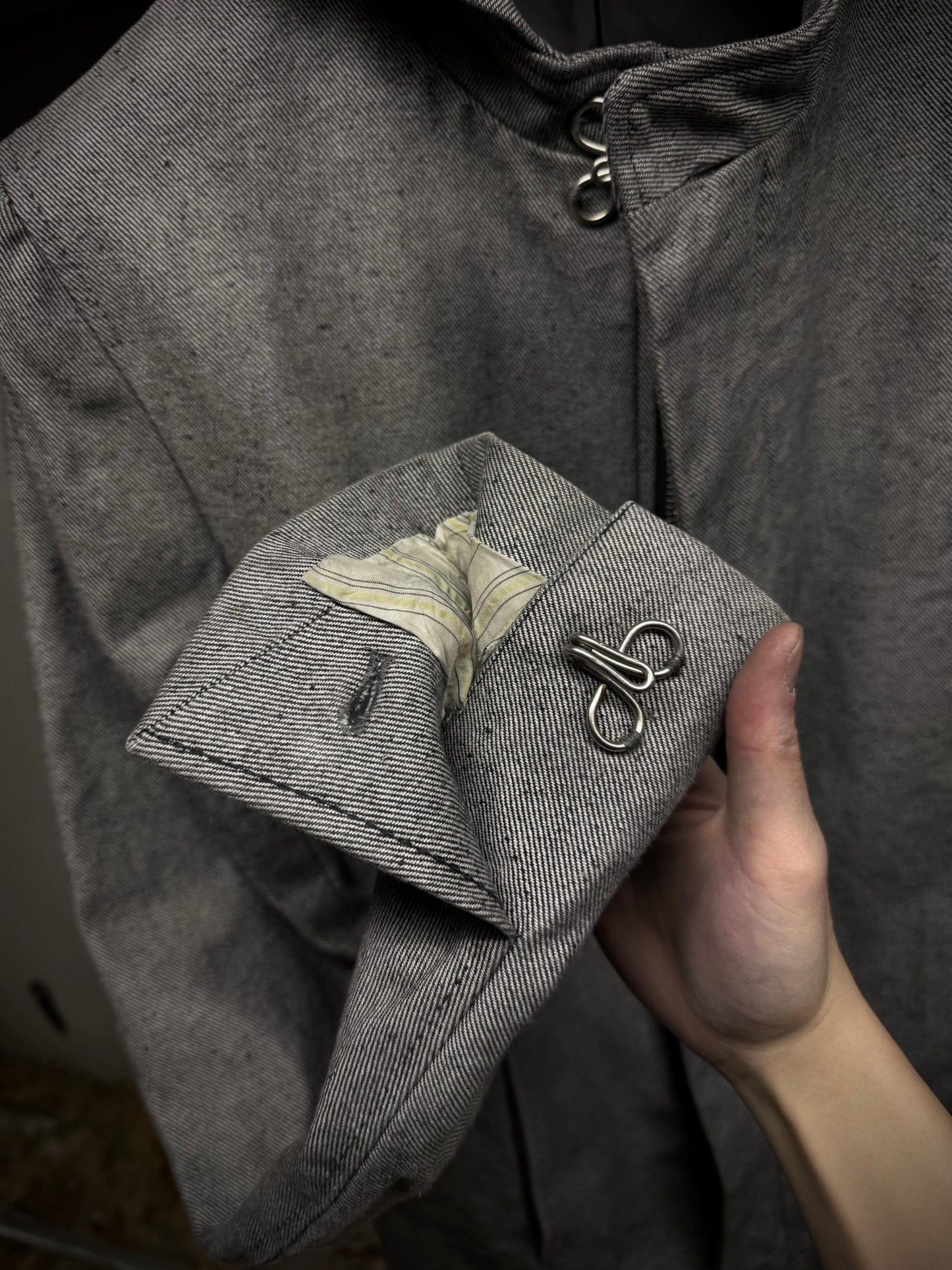 Carol Christian Poell AW97-98 Grey Hooded Zip-Up Denim Jacket detail | DRIEW GARMENTS