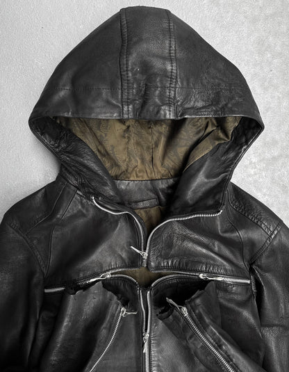 14thAddiction AW24 Distressed Sheepskin Leather Cross-zip Hooded Jacket
