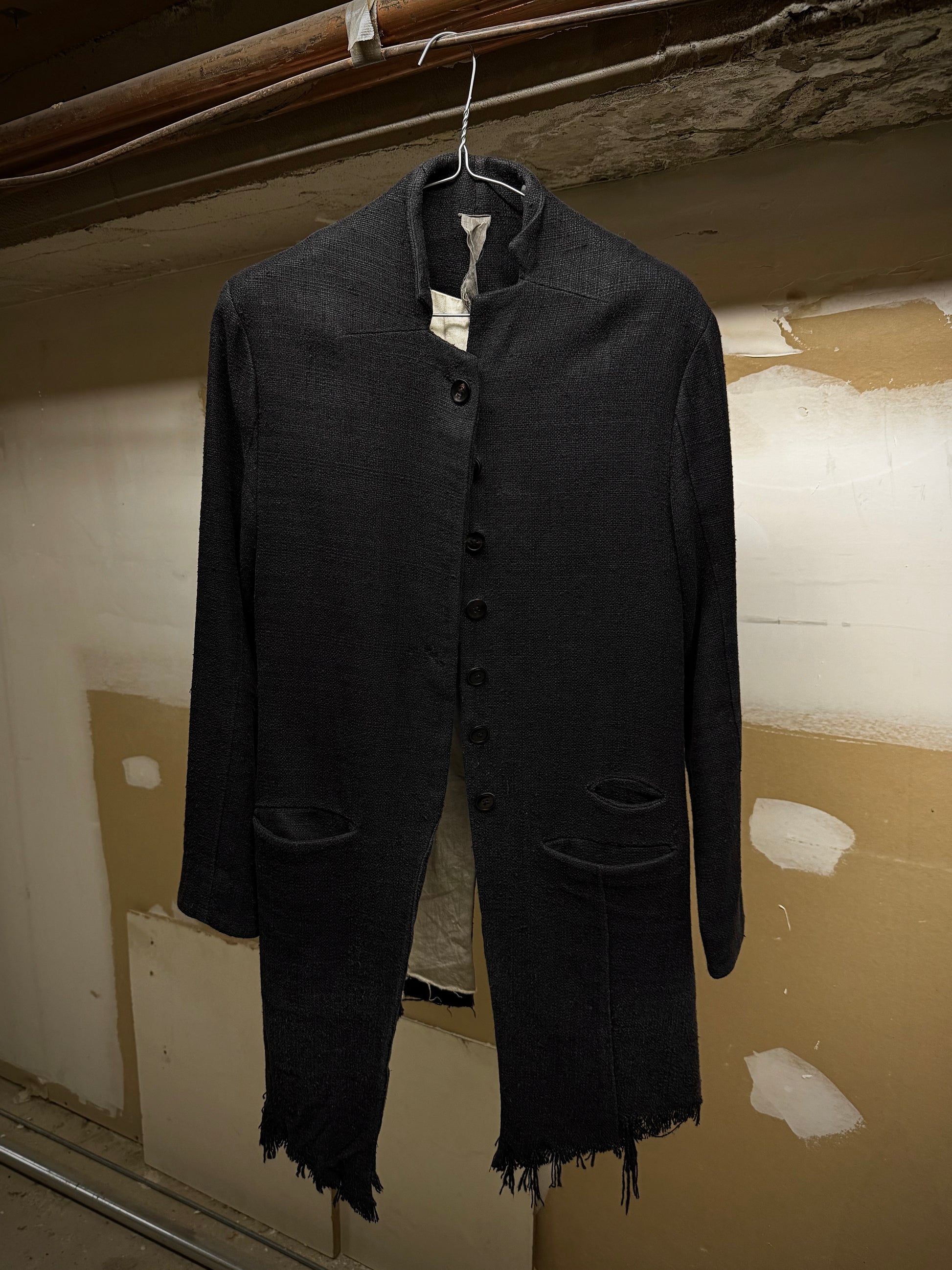 Aleksandr Manamïs Charcoal Grey Raw Silk Frayed Hem Coat | Archive Fashion Toronto