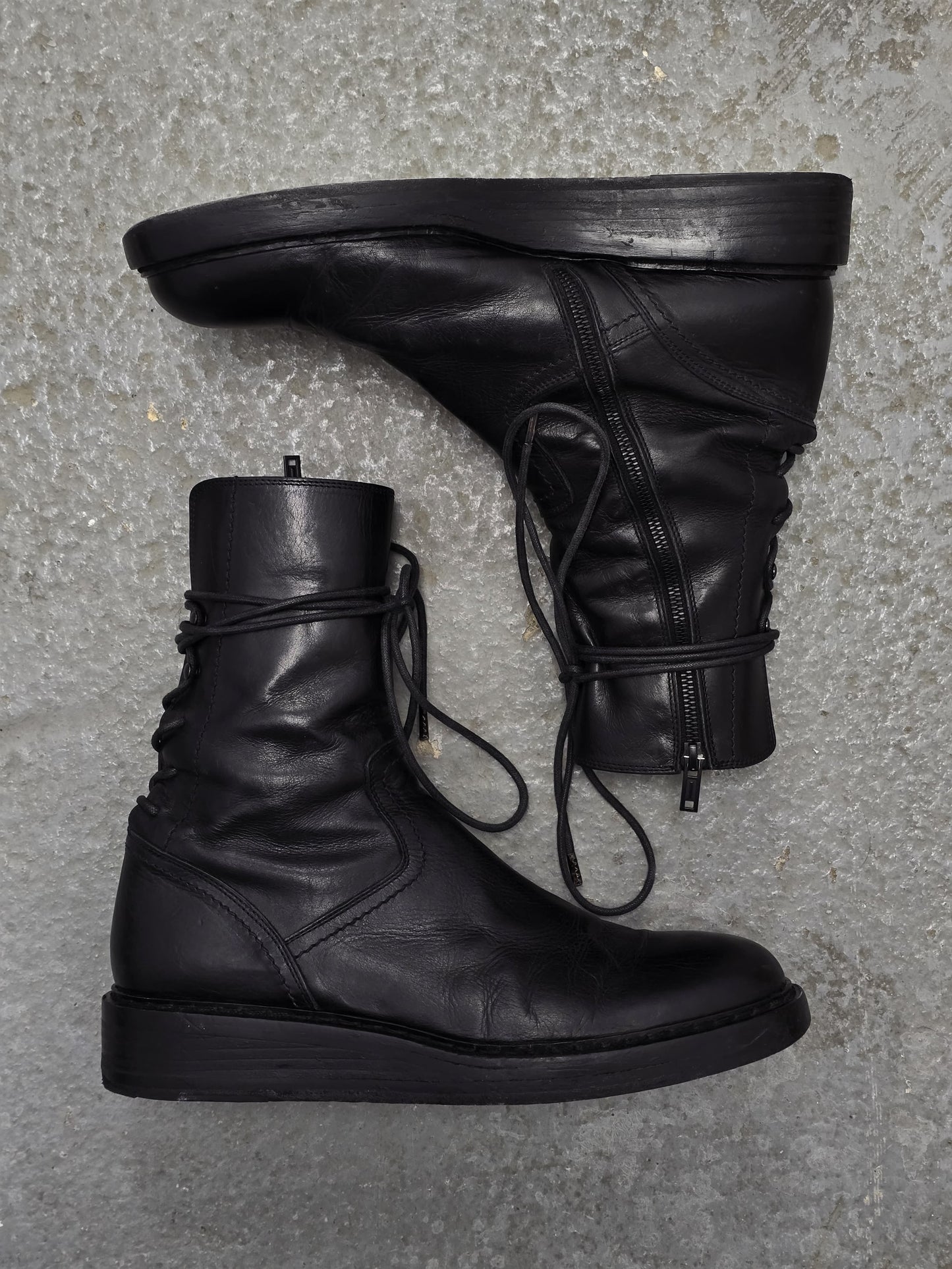 Ann Demeulemeester AW21 Black ‘Vitello’ Back-Lace Leather Boots