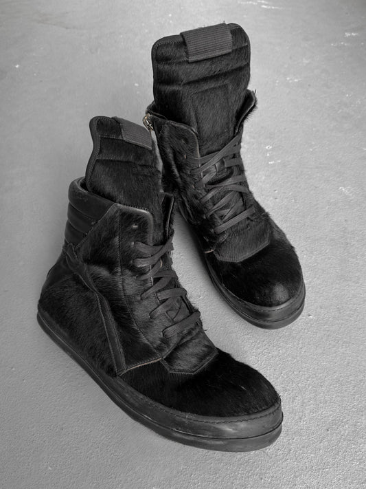 Rick Owens AW13 "PLINTH" Black Pony Hair Leather Geobasket Sneakers