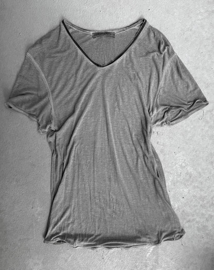 Giorgio Brato Leather Trim Grey Raw Edge V-neck T-shirt