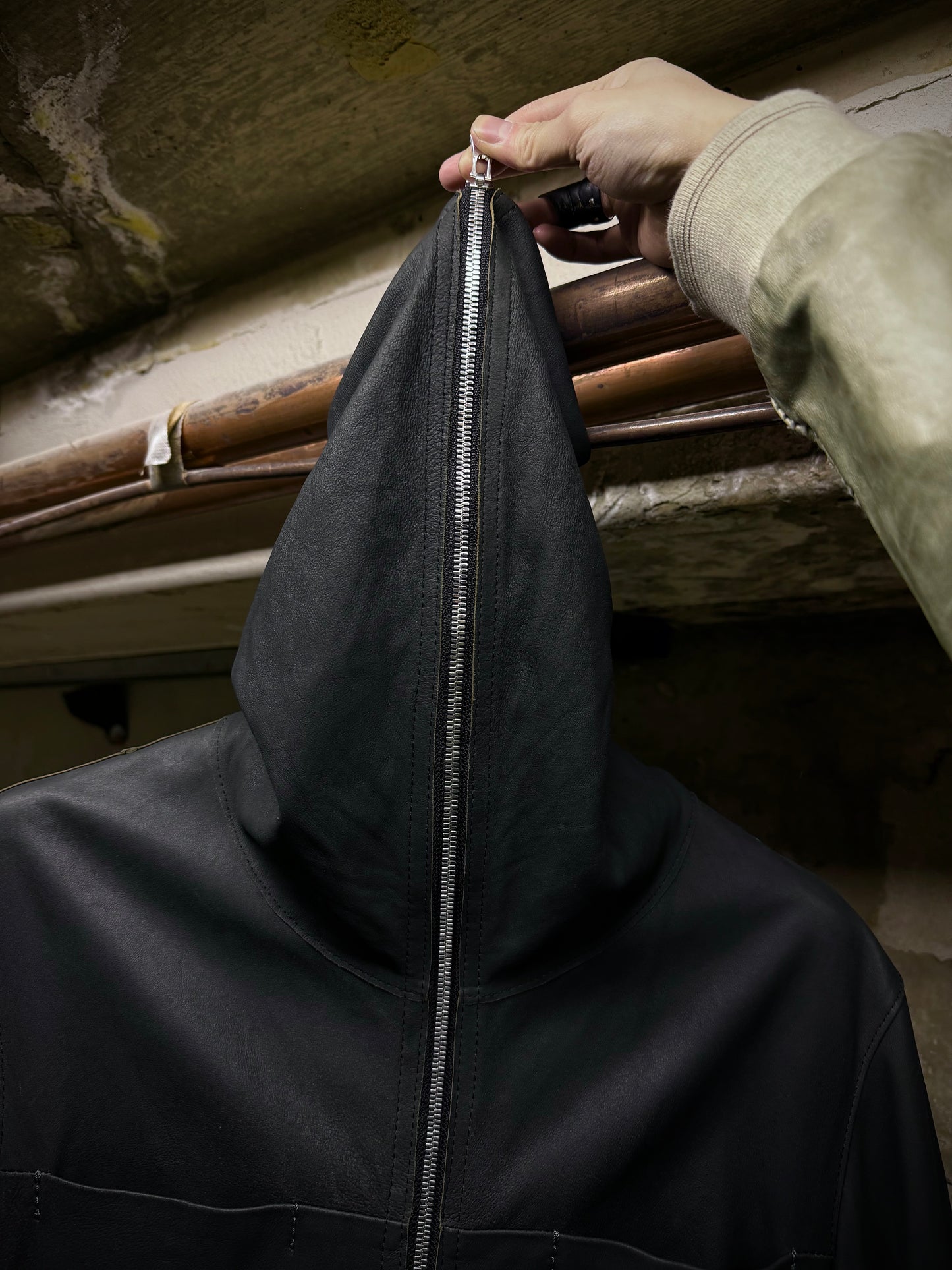 Isamu Katayama "BACKLASH" Unlined Overlock Hooded 'Gimp' Zip Goat Leather Jacket detail | DRIEW GARMENTS