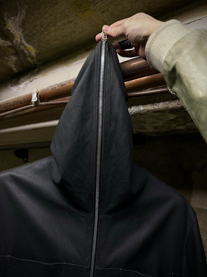 Isamu Katayama "BACKLASH" Unlined Overlock Hooded 'Gimp' Zip Goat Leather Jacket detail | DRIEW GARMENTS