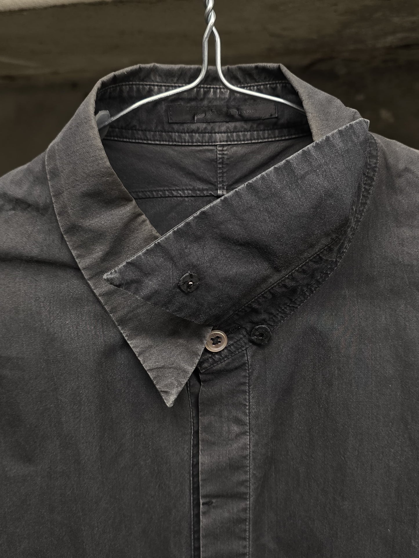 The Viridi-Anne Washed Charcoal Grey Pleated Button-Up Shirt detail | DRIEW GARMENTS