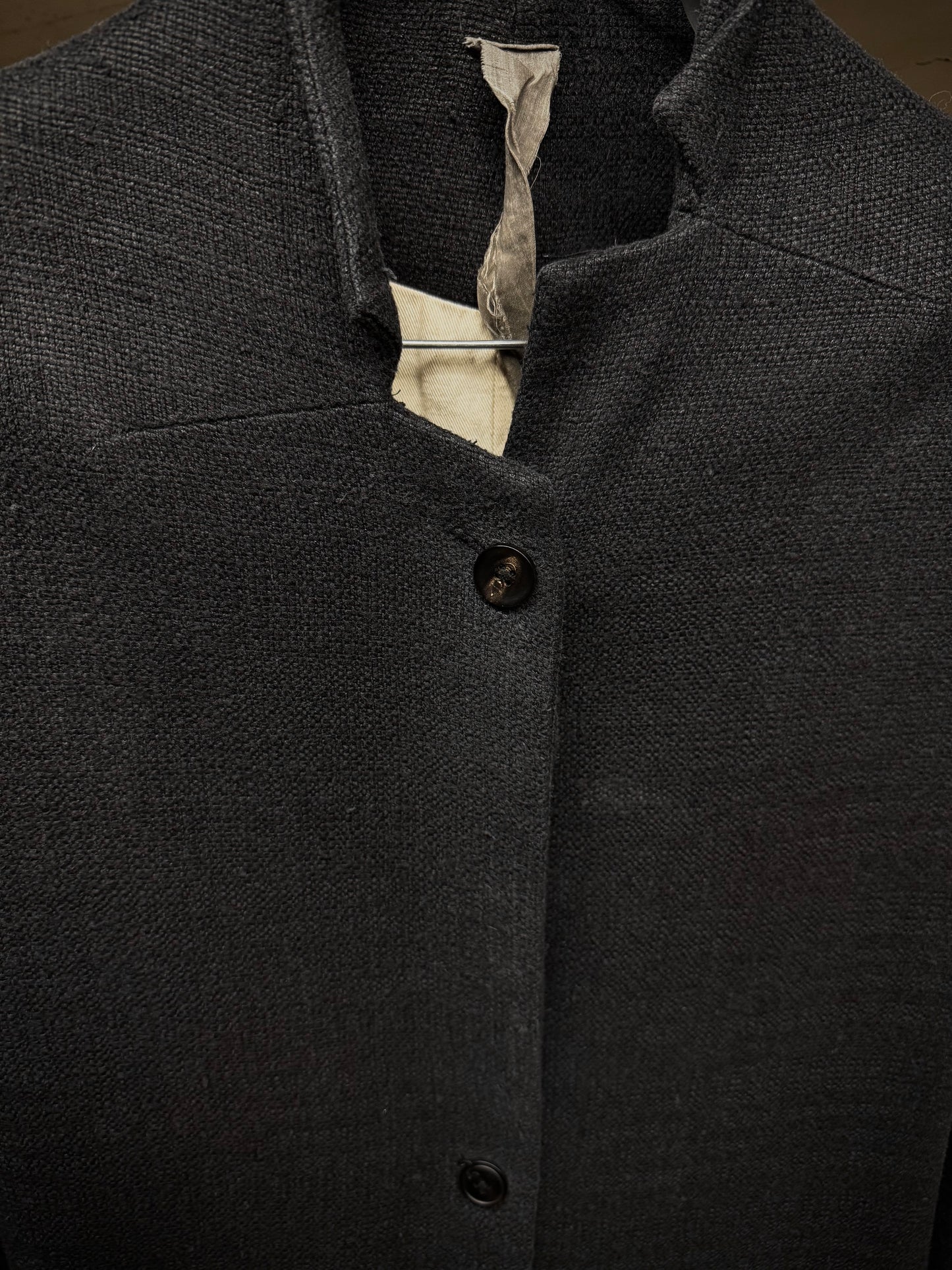 Aleksandr Manamïs Charcoal Grey Raw Silk Frayed Hem Coat detail | DRIEW GARMENTS