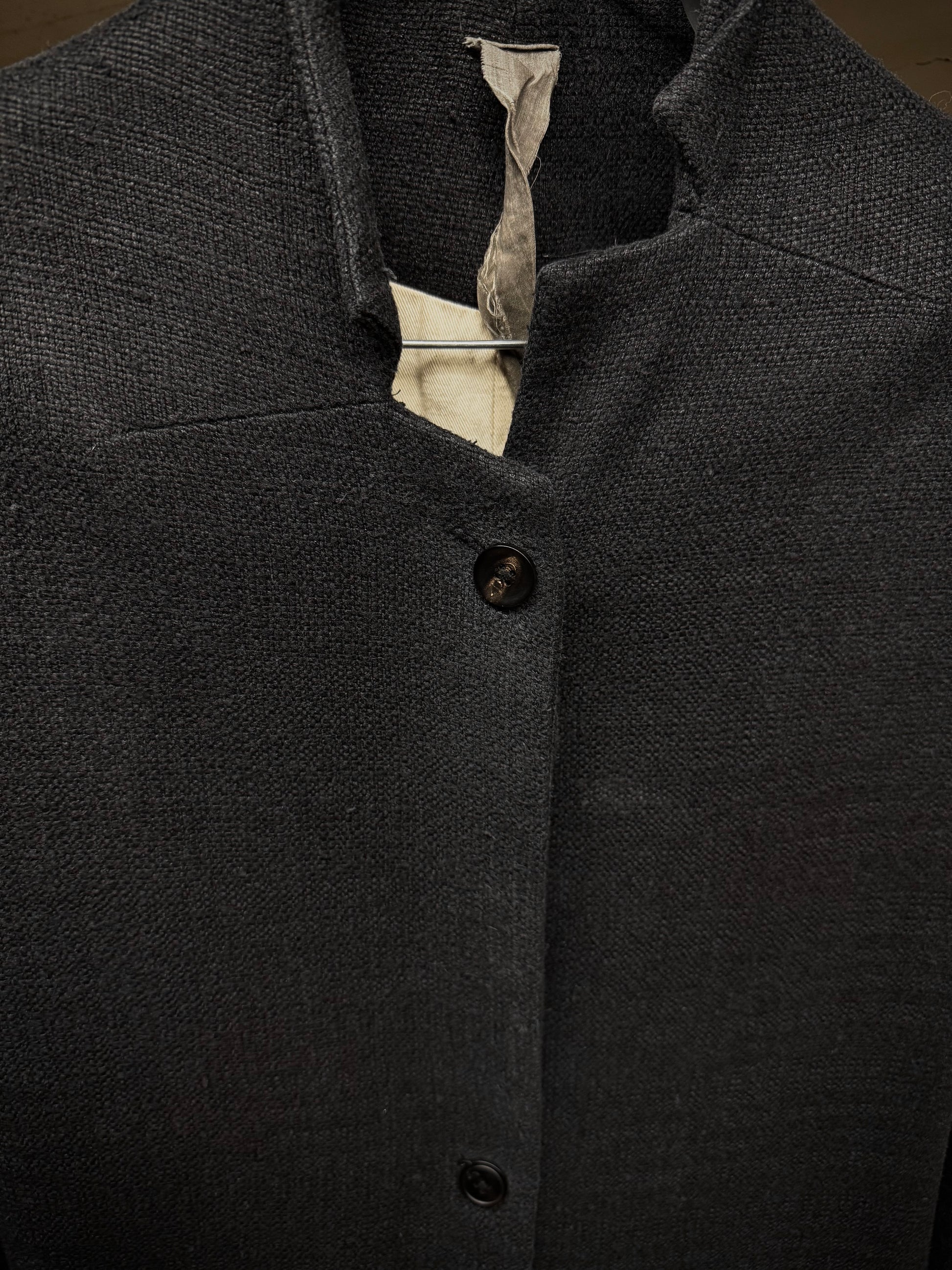 Aleksandr Manamïs Charcoal Grey Raw Silk Frayed Hem Coat detail | DRIEW GARMENTS