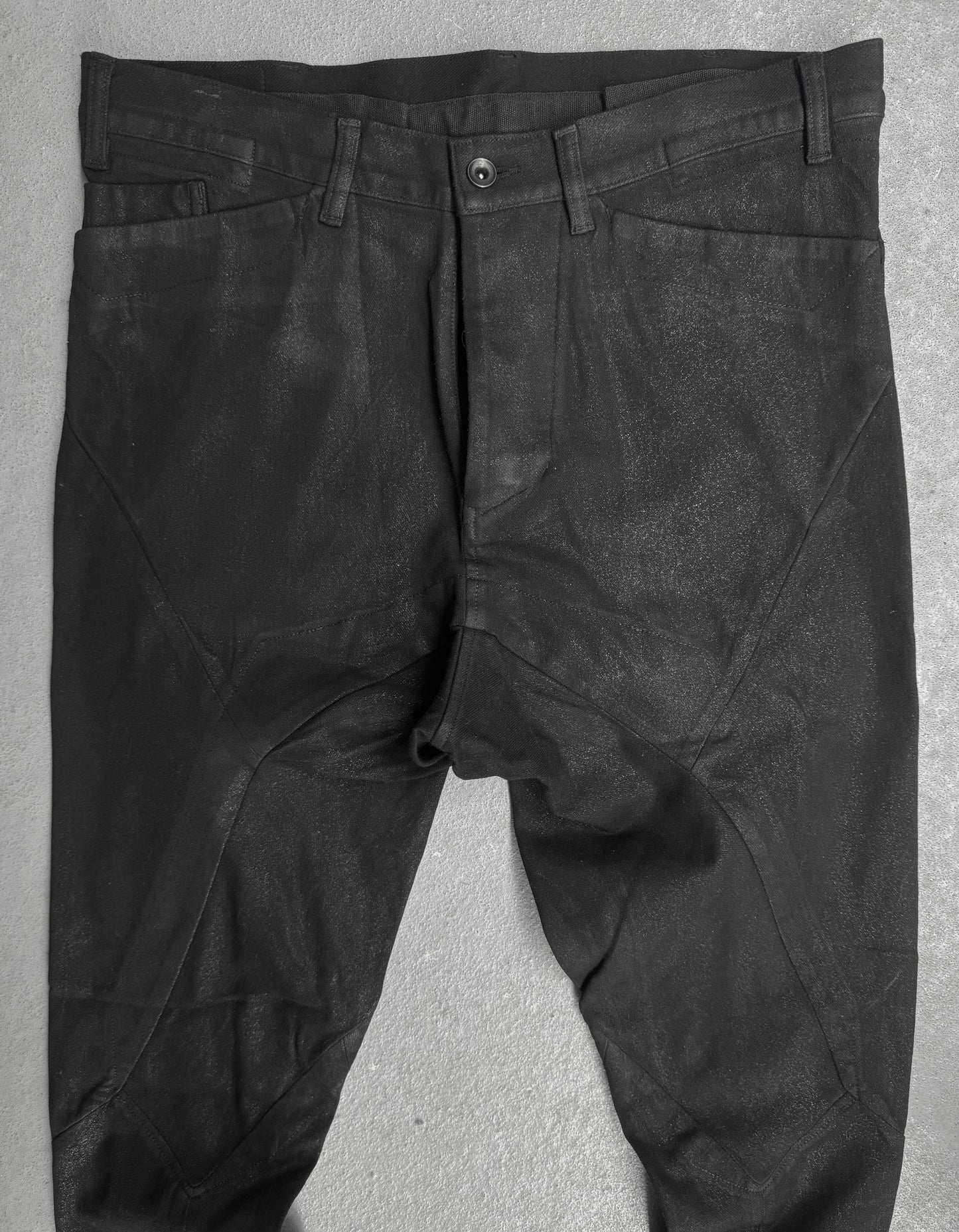 Julius_7 SS15 "prism;" Geometric Drop-crotch Wax Coated Knit Denim