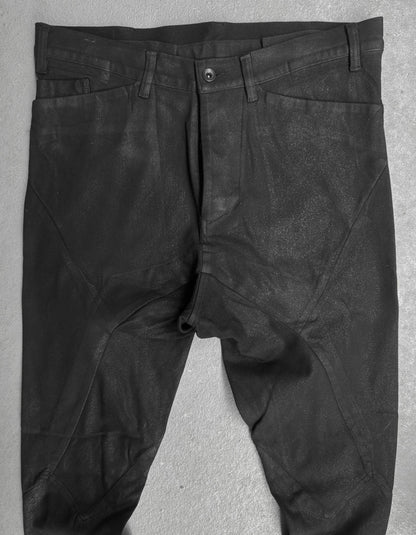 Julius_7 SS15 "prism;" Geometric Drop-crotch Wax Coated Knit Denim