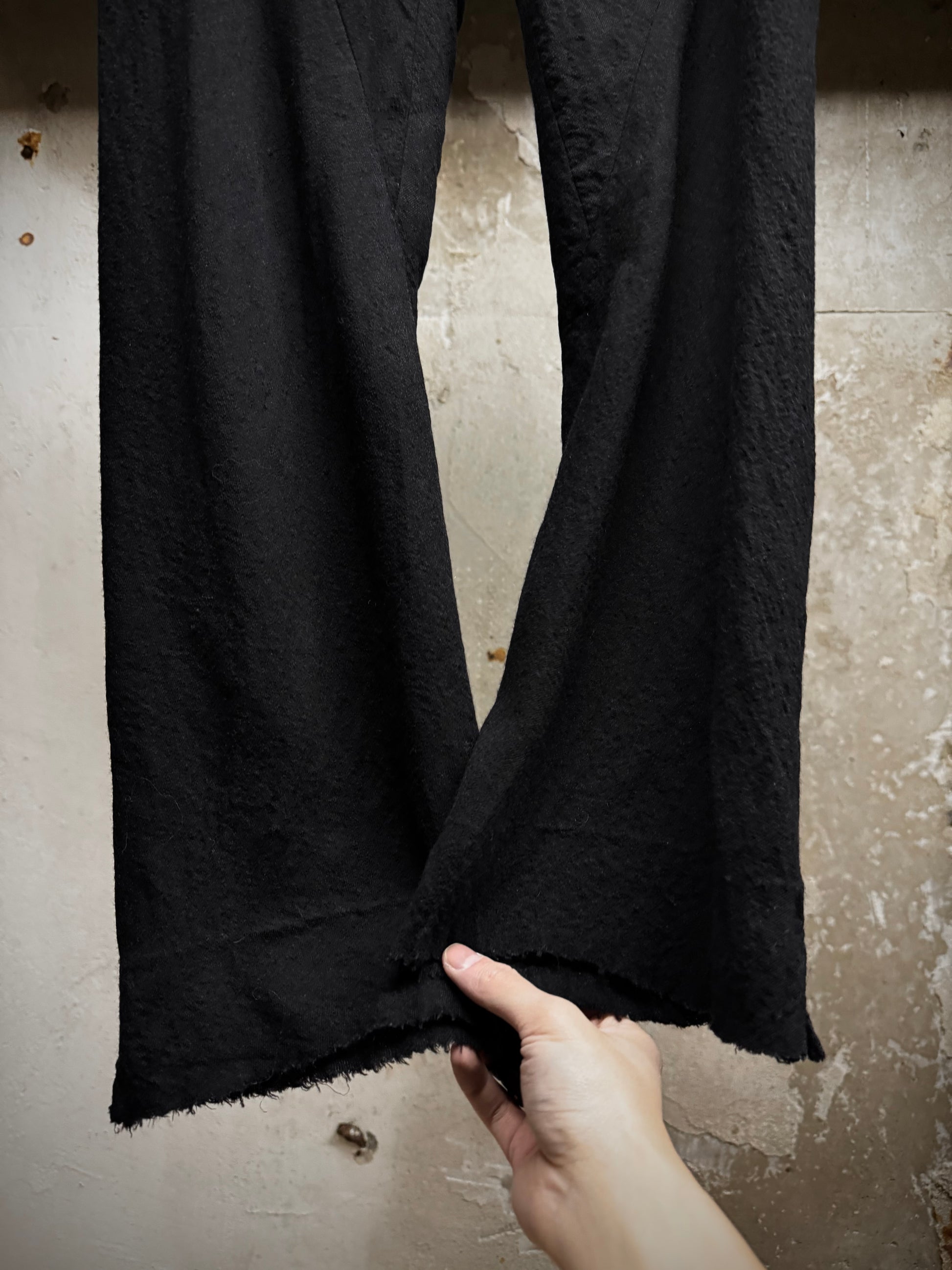 Rick Owens AW08 "STAG" Bias Cut Frayed Hem Flare Wool Trousers detail | DRIEW GARMENTS