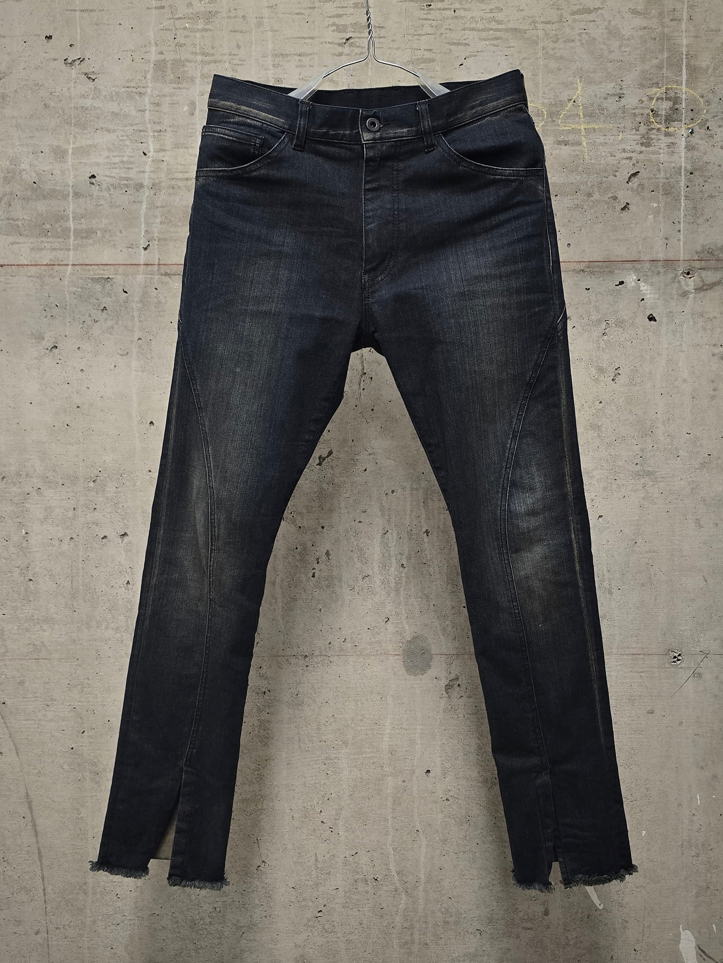 Isamu Katayama "BACKLASH" SS17 Dark Wash Indigo Frayed Split Hem Skinny Denim