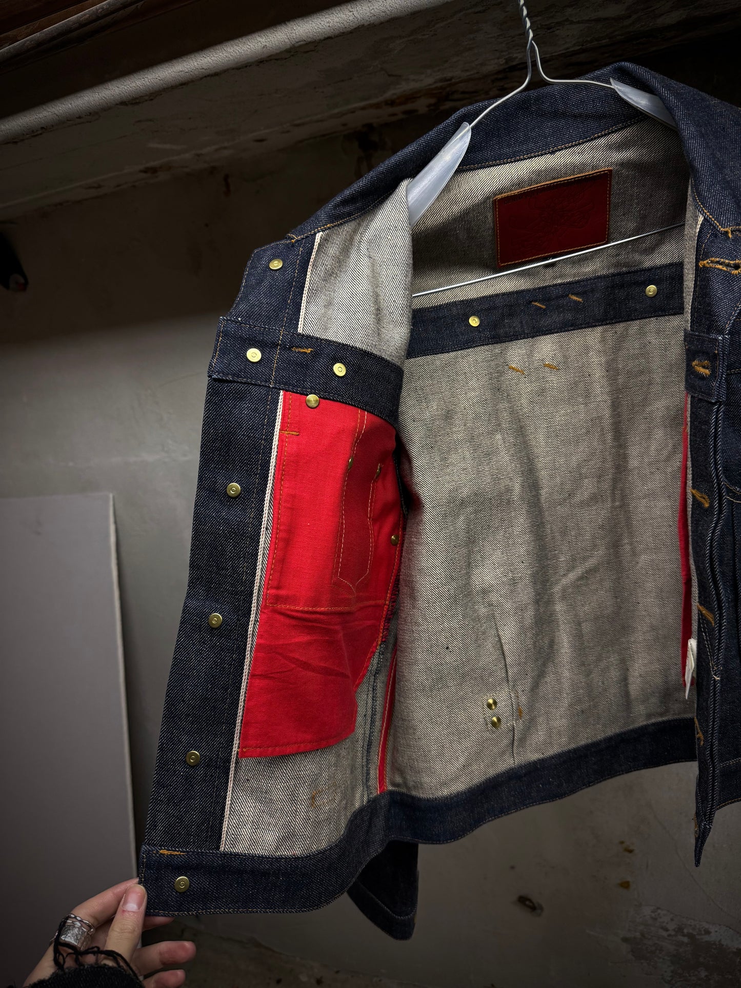 Yuji Yamada 00s 'FURNISHINGS' Removable Leather Harness Raw Denim 'Jean' Jacket detail | DRIEW GARMENTS