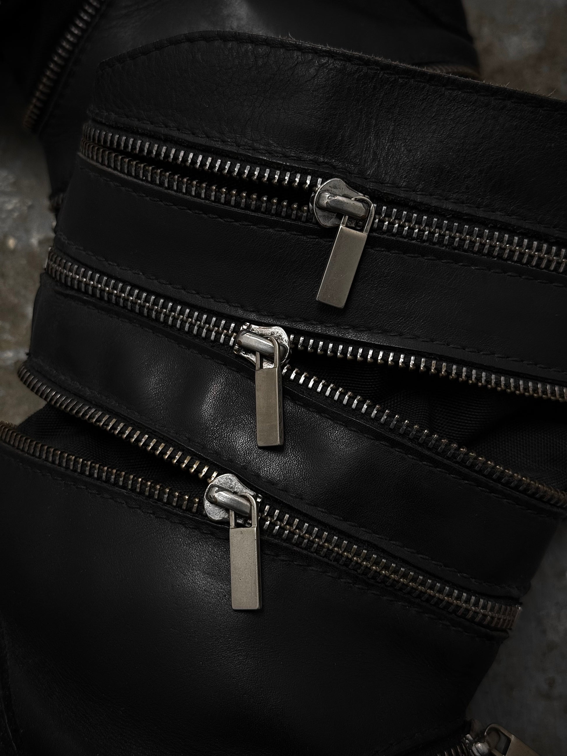 Raf Simons AW06-07 "Ashes & Heroes" Accordion Multi-Zip Leather Boots detail | DRIEW GARMENTS