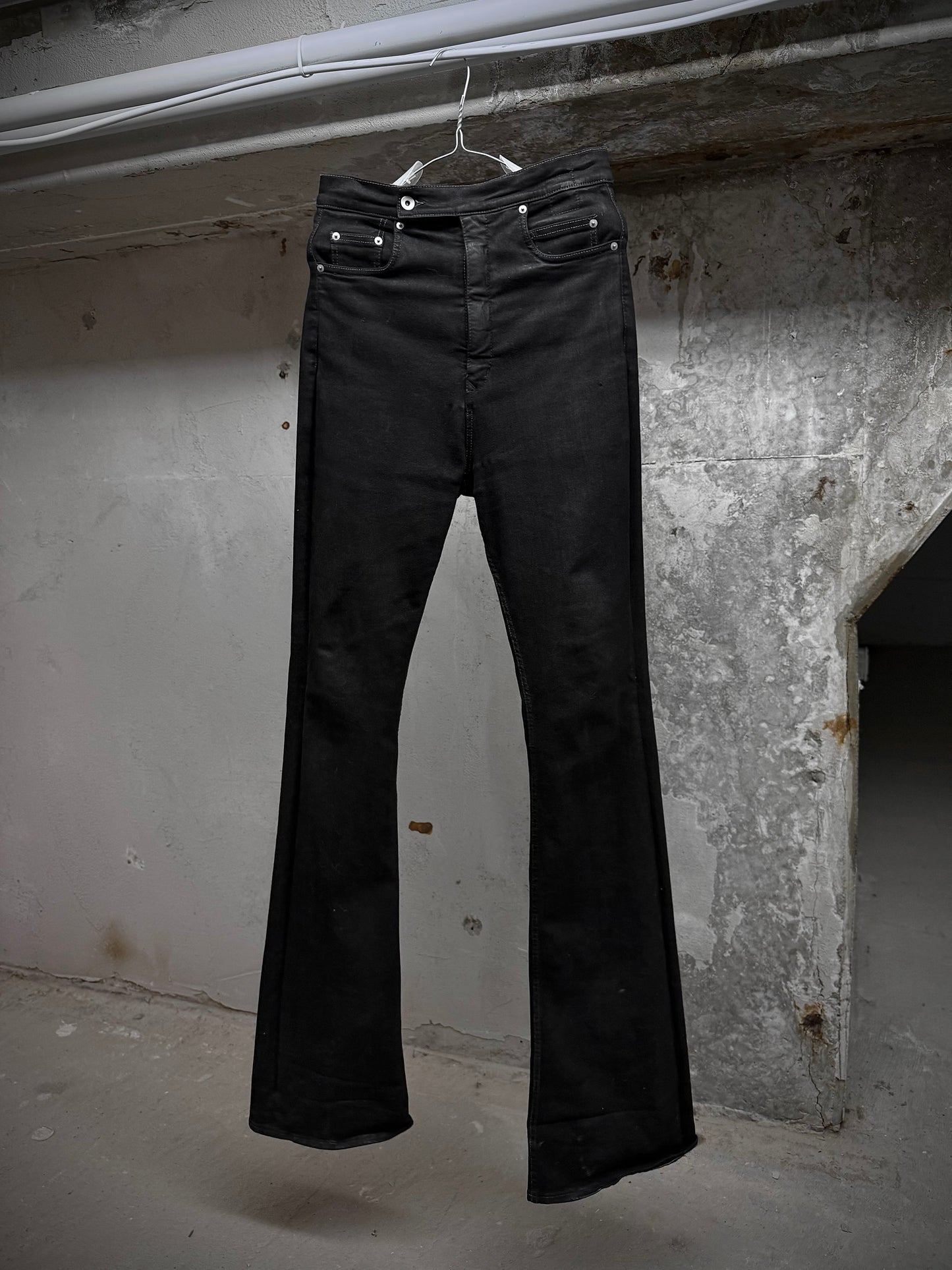 Rick Owens DRKSHDW AW21 "GETHSEMANE" 'BOLANS BOOTCUT' Waxed Flare Denim | Archive Fashion Toronto